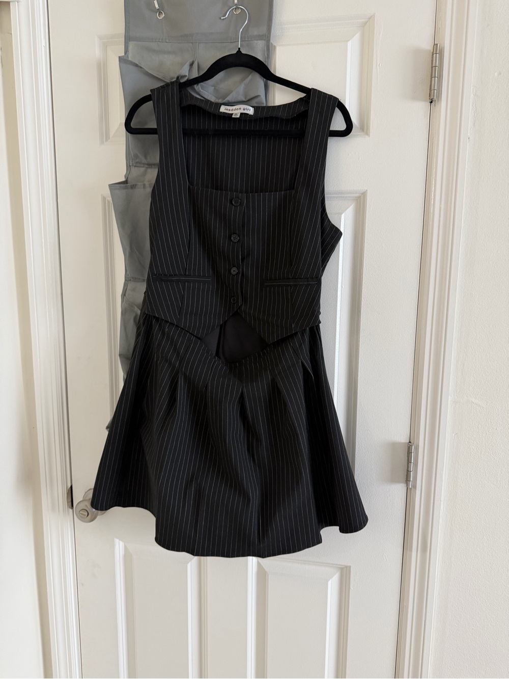 Madden Girl Black Pinstripe Skirted Jumpsuit